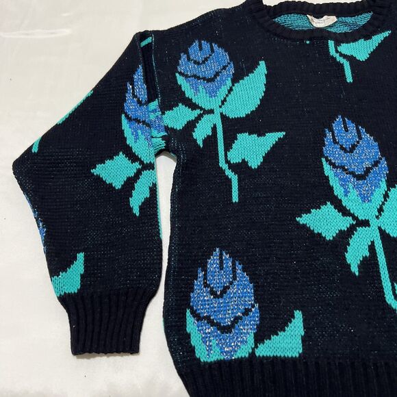 Vintage whimsigoth sweater black Turquoise floral ITALY Acrylic Oversized S - Picture 4 of 9